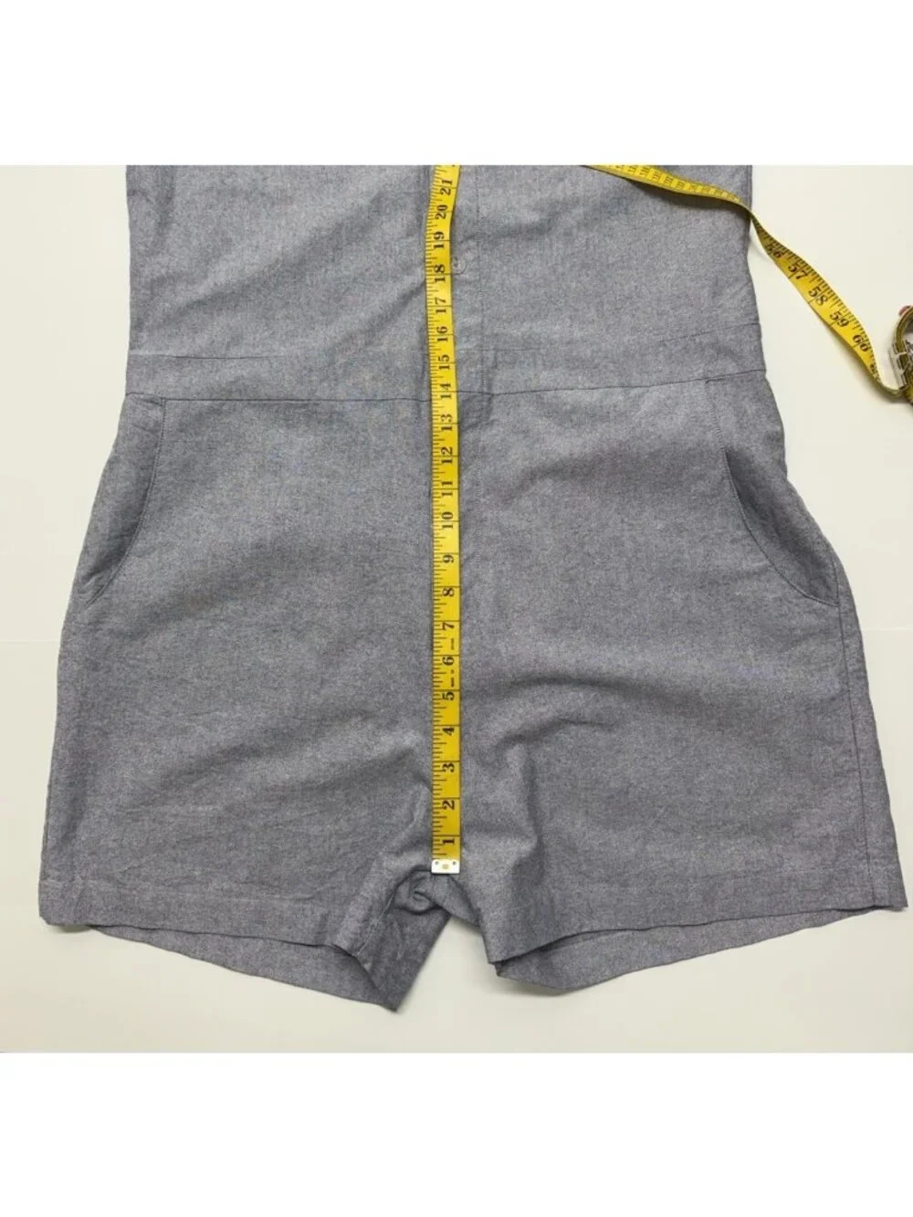 Romphim Mens Blue Oxford Shorts Romper Size XL Slim Fit Band Collar Short Sleeve